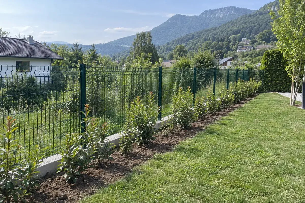 Clôture neuve en panneaux de grillage rigide vert le long d’un jardin, jeunes plants de haie au pied, coteaux boisés au fond