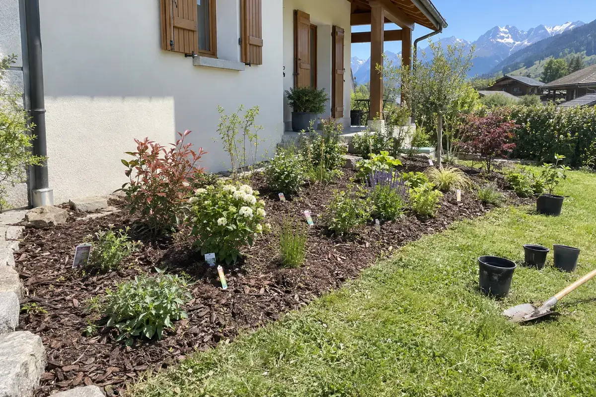 Massif fraîchement planté devant une maison : vivaces et arbustes dans un paillis d’écorce, étiquettes encore piquées, pots vides et bêche sur la pelouse